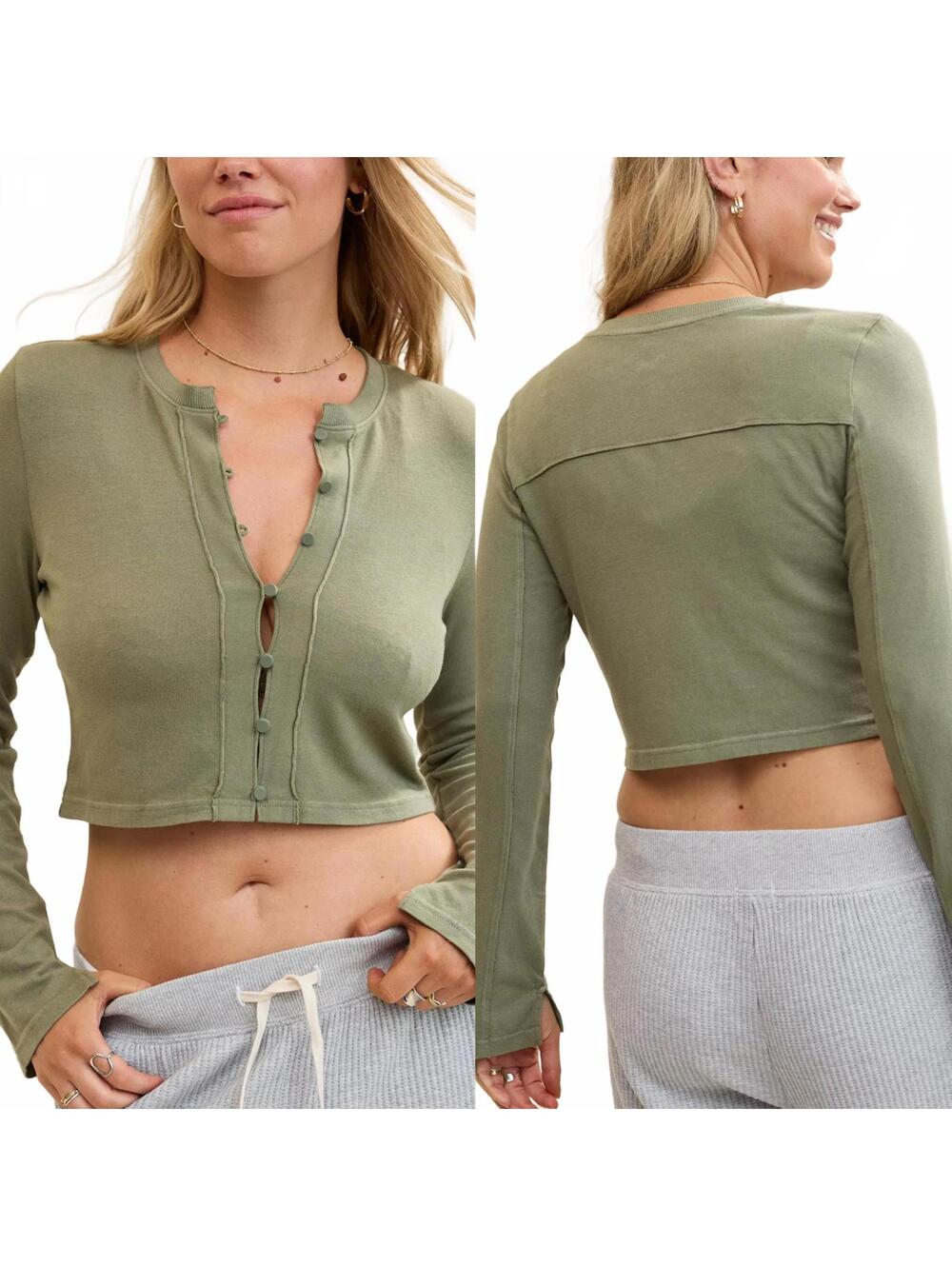 AE Aerie Happy Snit Cardi T-Shirt Cardigan American Eagle NWT Olive Fun Medium
